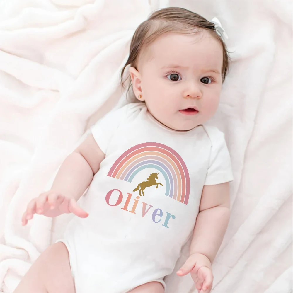 Personalized Baby Romper Rainbow Unicorn with Name Bodysuit Newborn Short Sleeve Jumpsuit Cute Toodler Outfit Infant Shower Gift