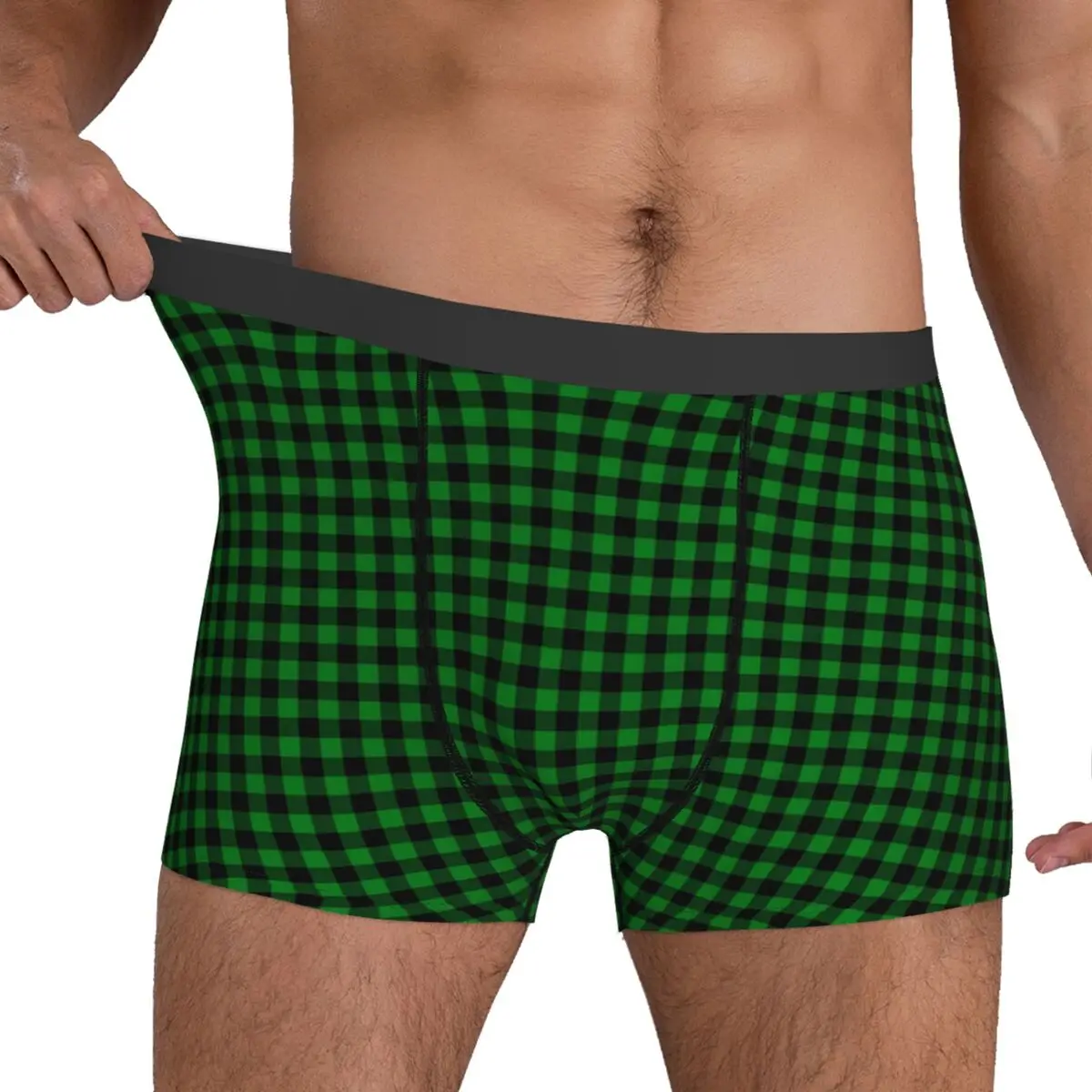 Gingham Check Underwear Black And Green Stretch Panties Print Boxer Brief Pouch Men Large Size Trunk