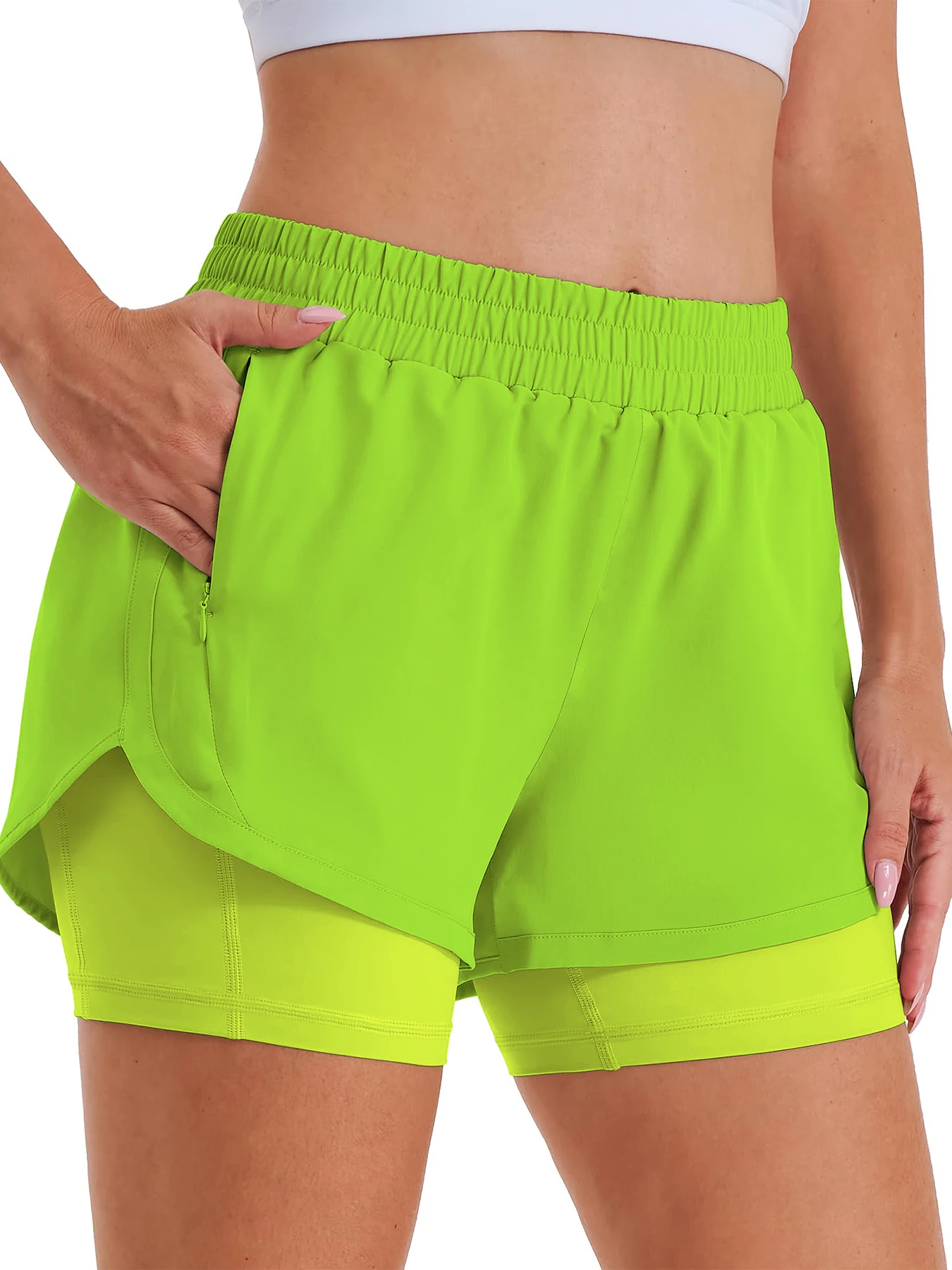 2-in-1 Freizeit-Sportshorts für Damen, Laufshorts, Sportshorts mit hoher Taille und gefütterten Reißverschlusstaschen – Detail 8