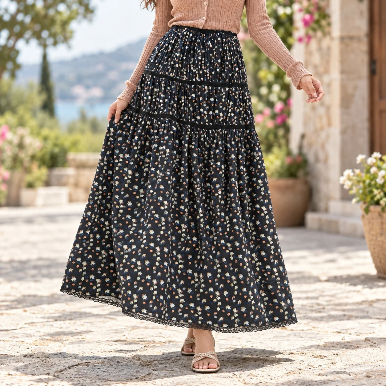 High Waist Floral Print Skirt Maxi Length Boho Retro with Ruched Pleated Tiered No Stretch Casual Summer Long Skirt for Women