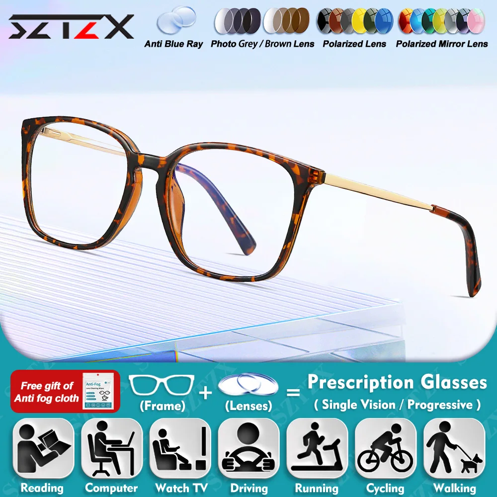 

SZTZX Currents Square Myopia Prescription Reading Glasses For Women Trendy Blue Light Filter Photochromic Progressive Eyeglasses
