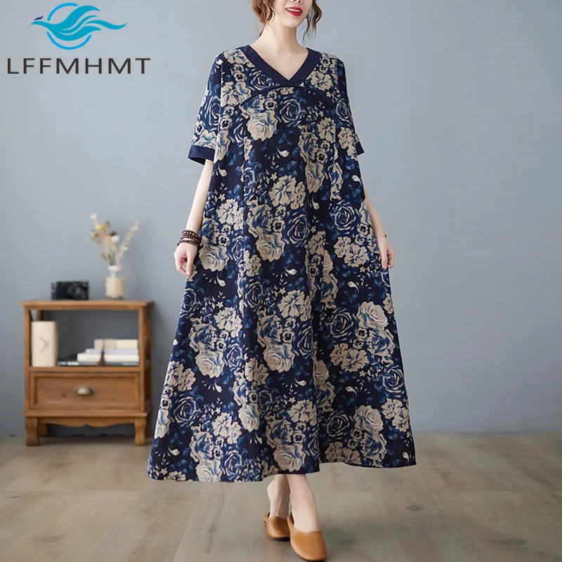 Chinese Vintage Style V-neck Flower Print Cotton Linen Dress for Women Summer New Fashion Short Sleeve Elegant Frocks Female