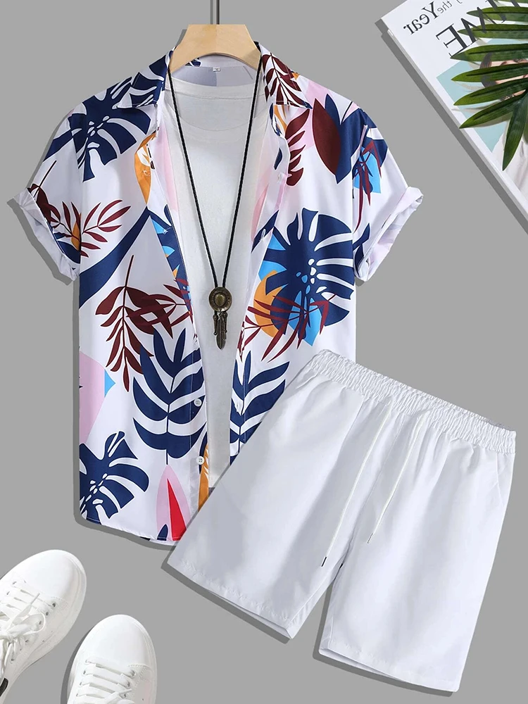 New Palm Leaf Print Men\'s Short Sleeve Shirt + Beach Shorts Set Summer Fashion Men\'s Casual Shirt Hawaiian Men\'s Sports Shorts