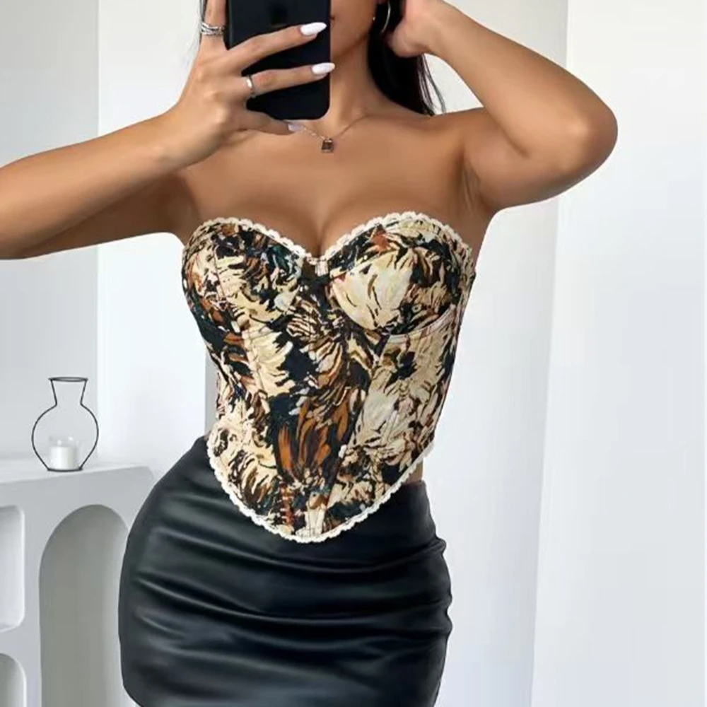 

Zeyla INS Vintage Floral Jacquard Corset Top Lace Trim Boned Bustier Slim-Fit Streetwear for Edgy Girls Daily&Party Trendy Wear