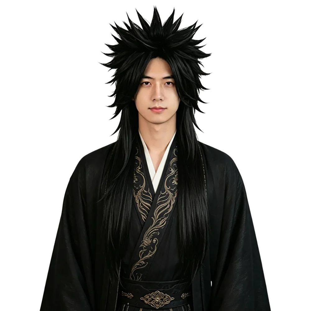Uchiha Madara Cosplay Wig 95cm Long Black Spiky Heat Resistant Synthetic Wig For Men's Halloween Carnival Anime Convention Party