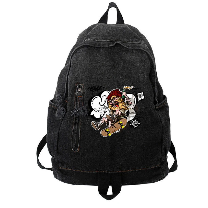 Washed Denim Multifunctional Backpack Female bag Casual Travel Bags Women Men Rucksack Cartoon Anime Skateboard Pattern Printed