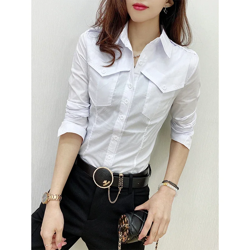 2024 New Fall Winter European Clothes Shirts Office Lady Pockets Blouses Fashion Sexy Button Up Women\'s Long Sleeve Tops V1695