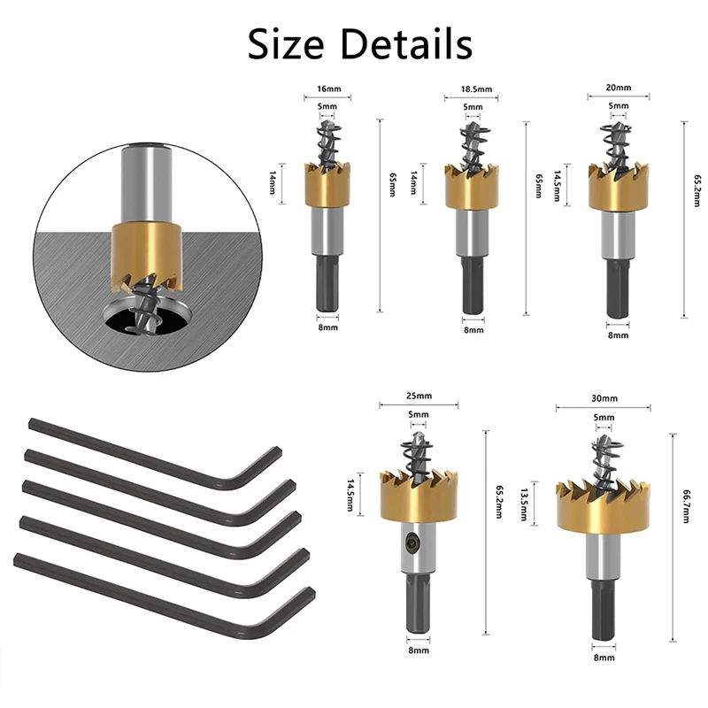 5pc Titanium Plated Serrated Hole Opener Gold Aluminum Plate Iron Plate Drilling Drill Bit 16-30mm Tool Set