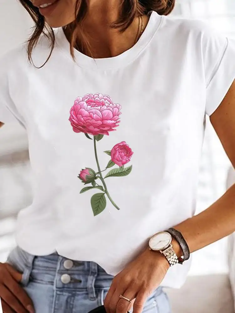 Camiseta de manga curta feminina, camisetas casuais femininas, roupas estampadas com flores, estilo doce, moda anos 90, camiseta gráfica para senhora, tendência de roupas