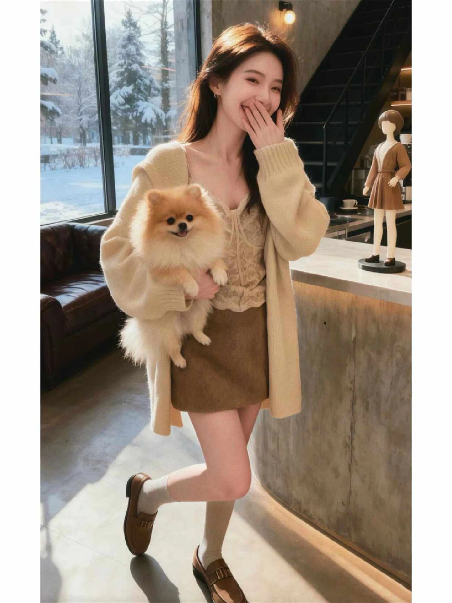 

Korean Sle Soft Series Women's Knitted Coat Lace ter Unique Beautiful Winter Faion Set f Skirt Long Sve V-Ne