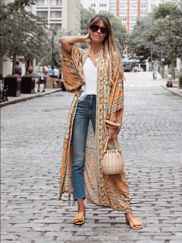 2020 Bohemian Printed Summer Beach Wear Clothing Long Kimono Cardigan Plus Size Cotton Tunic Women Tops and Blouse Shirts A136