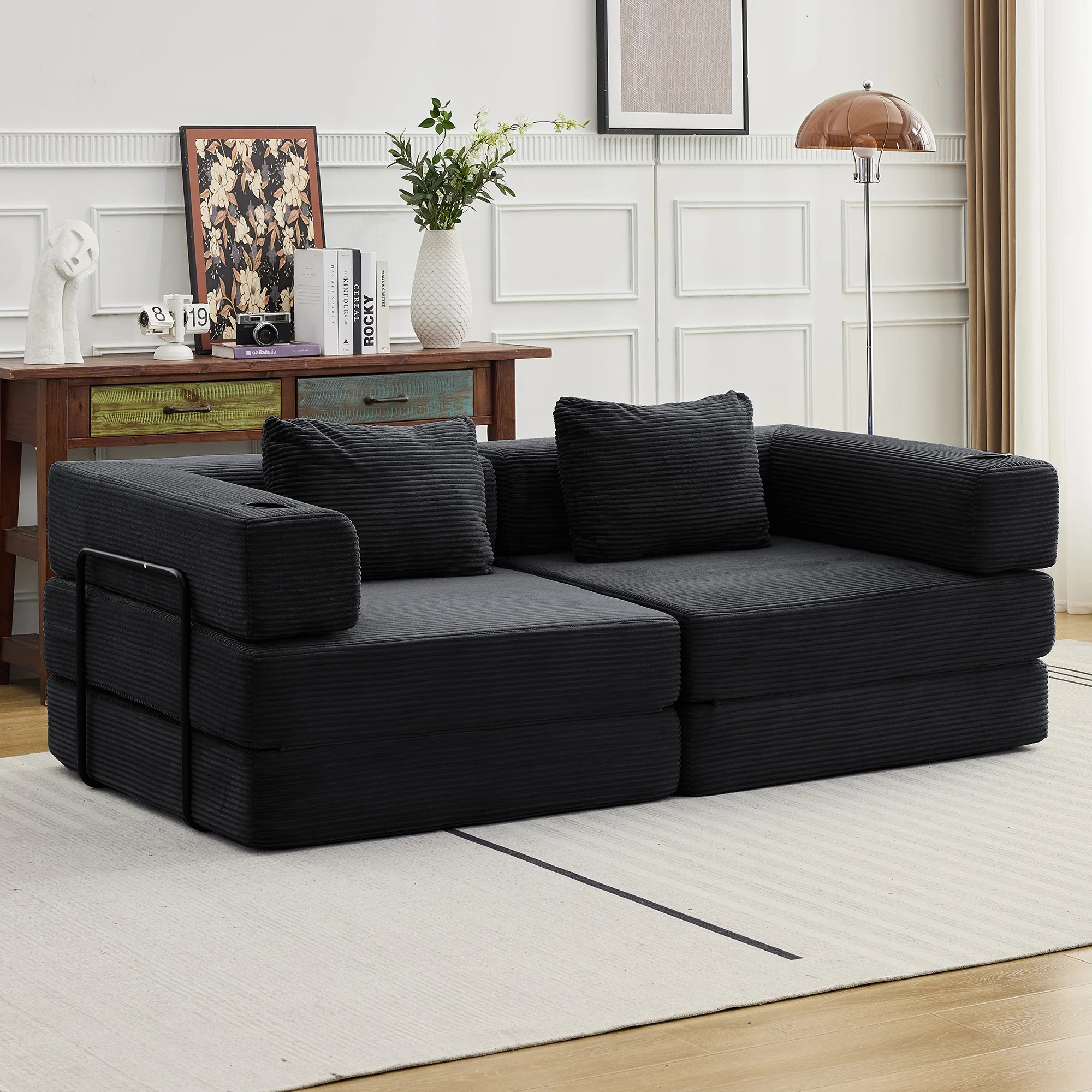 Sofa 2-osobowa rozkładana, czarna, z korduroy, kanapa podłogowa, nie wymaga montażu, modułowa sofa do spania, miękka sofa dwuosobowa do salonu.