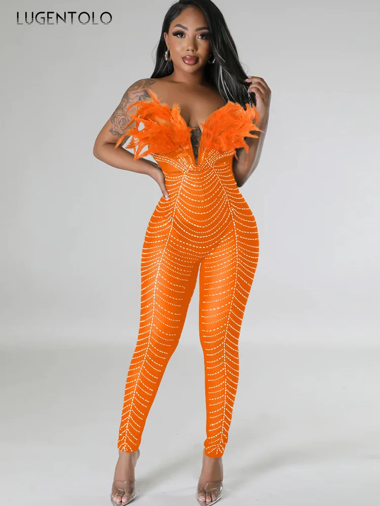 ผู้หญิงเซ็กซี่Jumpsuit Party Sparkle Offไหล่หน้าอกห่อSheerตาข่ายFeathersคริสตัลNight Jumpsuits Overallsชุดวันเกิด