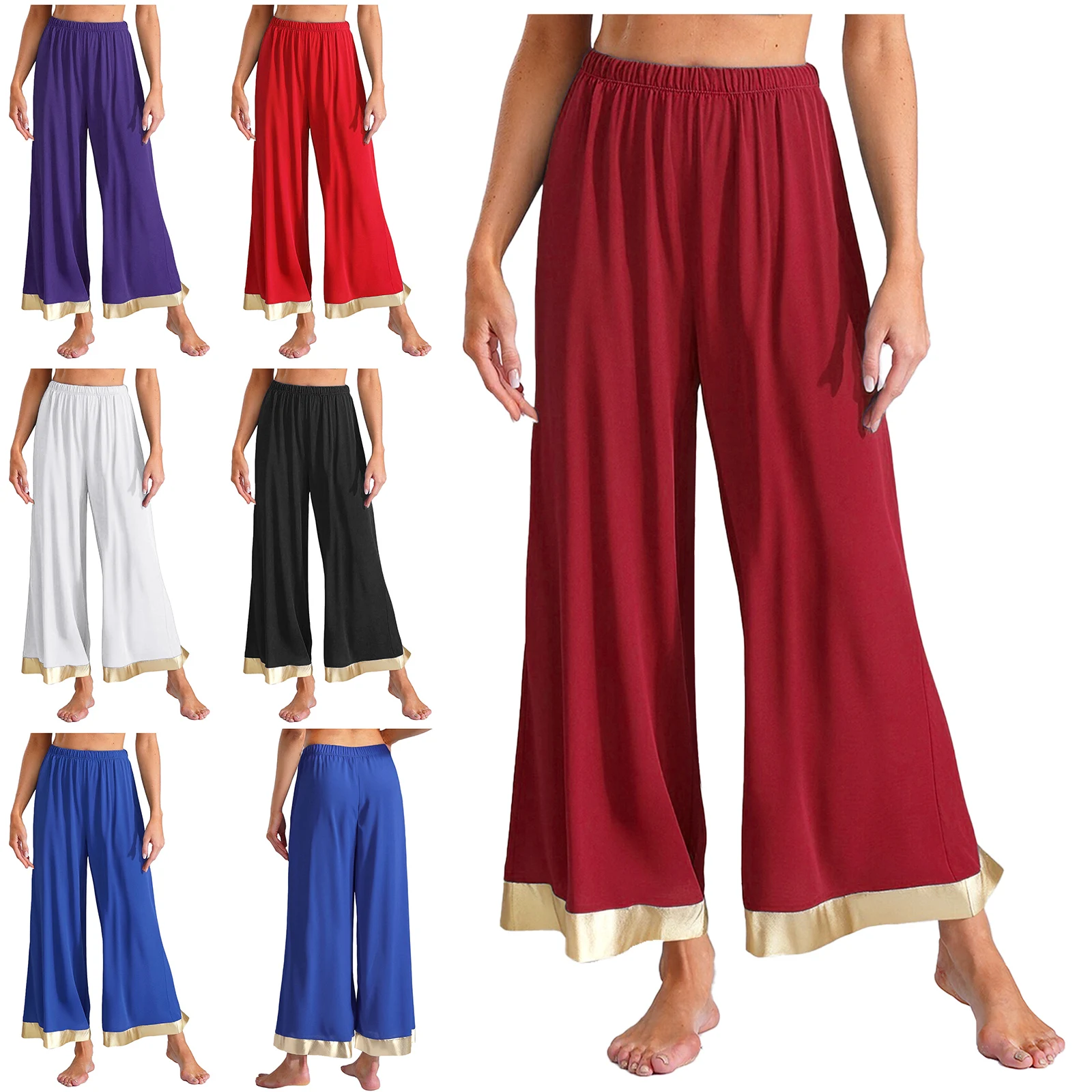 Pantaloni da ballo per lode da donna, vita elastica, finiture metallizzate lucide, pantaloni a gamba larga, pantaloni larghi per celebrazioni di danza lirica
