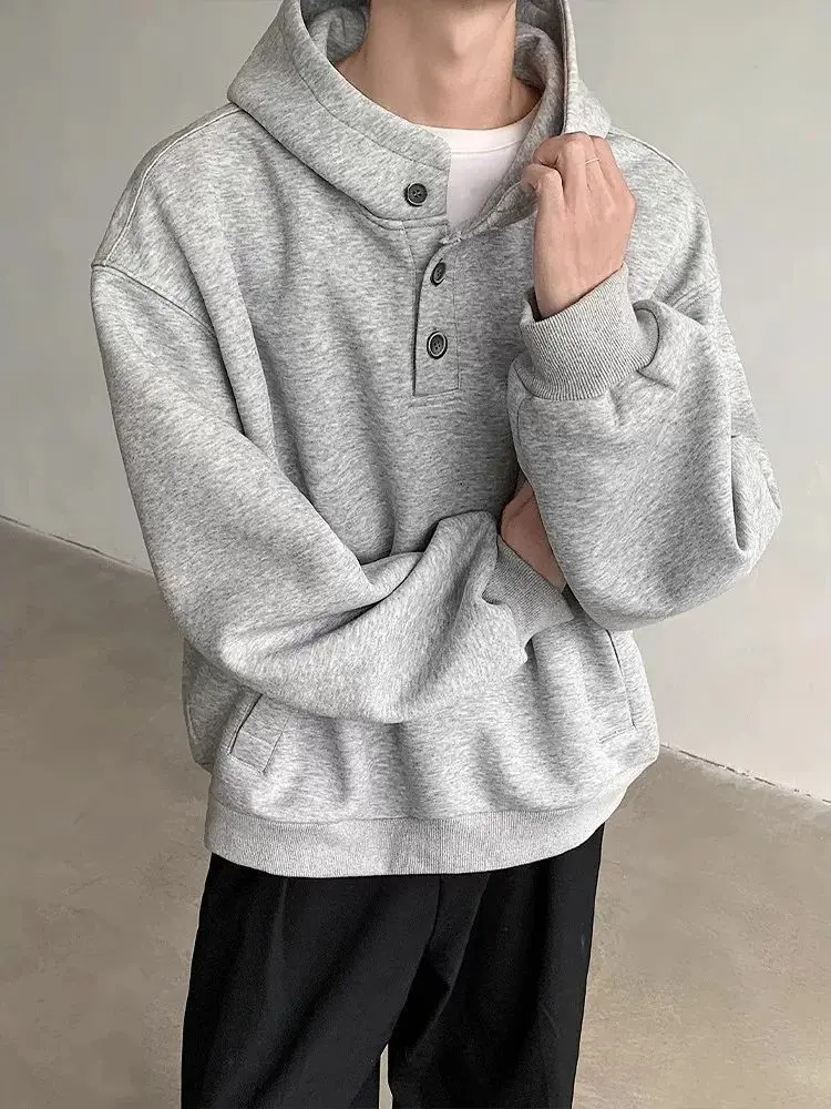 

White flower gray high-neck button sweatshirt men's 2025 early autumn new American high street trend brand hard hooded jacket