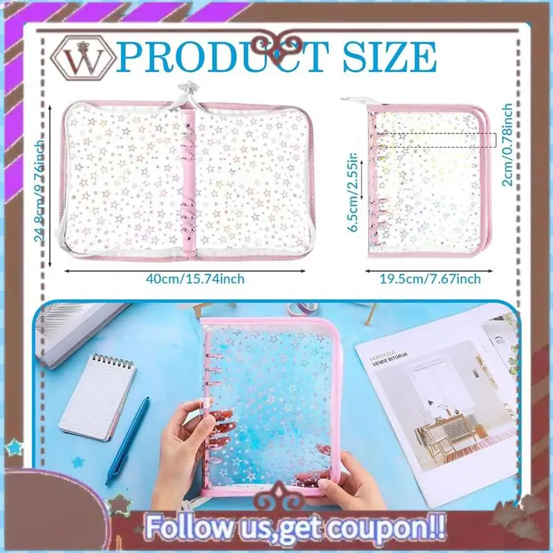 最新の A5 予算バインダーカバー ジッパー付き、グリッタースター A5 6 リングバインダープランナー、クリア PVC 詰め替えノートブックシェル ライトブルー