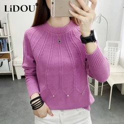 Autumn Winter New Solid Color Diamons Loose Casual Jumpers Female Simple All-match Fashion Knitting Pullover Tops Women Sweaters