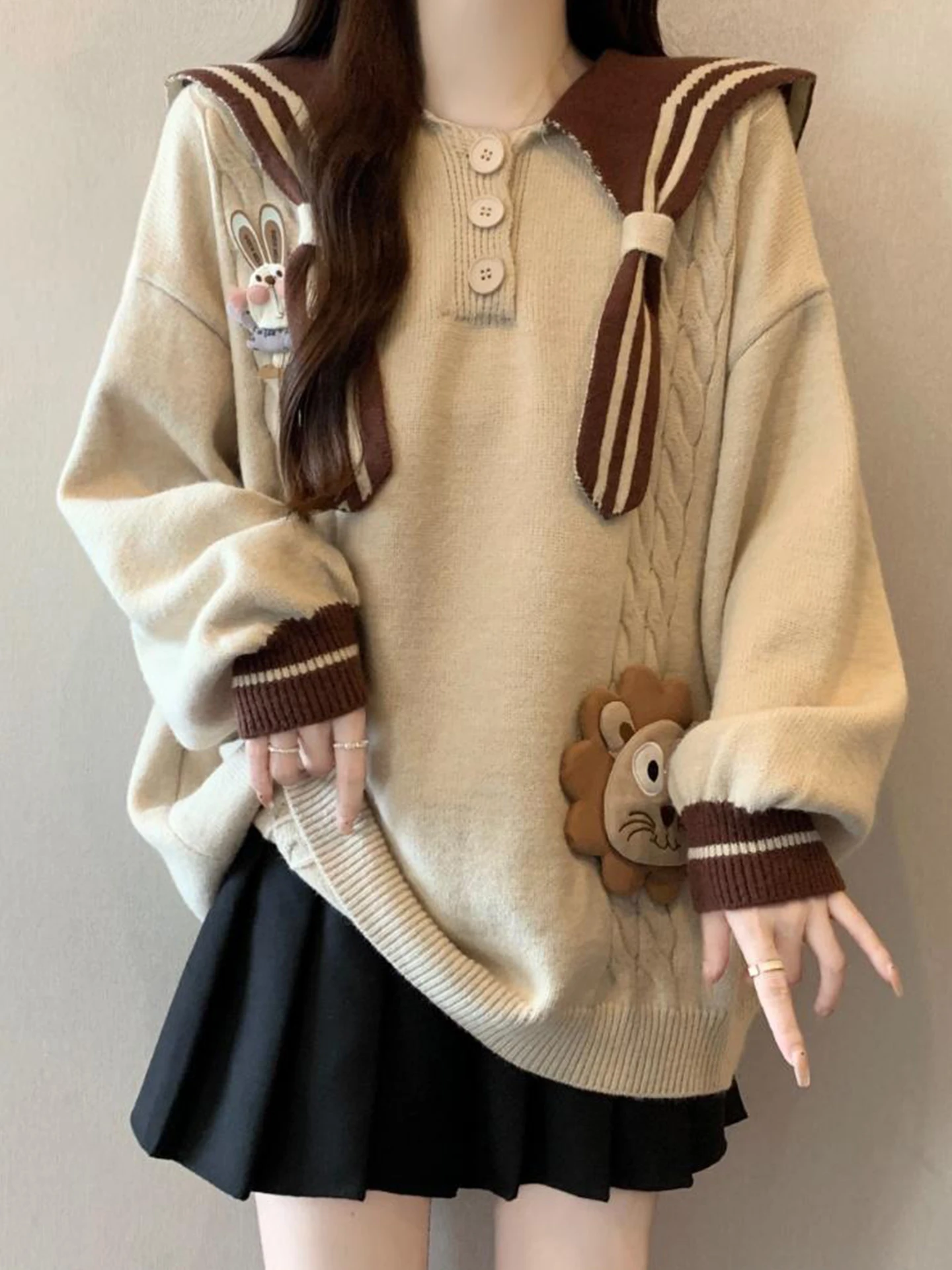 

Loose Mid-Length Knitted Sweater Naval Collar College Sle Women's Autumn Winter plus Size Comfortable Lazy Top Casual Wear