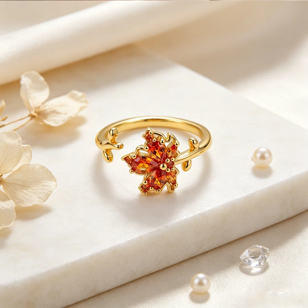 Dainty Gold Plated Orange Cubic Zirconia Maple Leaf Open Adjustable Ring Women Elegant Index Finger Jewelry Daily Birthday Gift