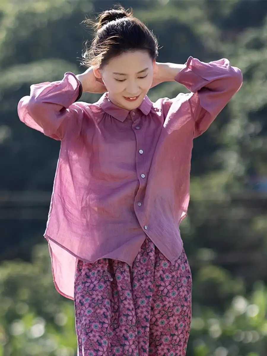 

Women's Long Sve Linen irt ort Front Long Ba Design Spring Summer New Sle Casual Loose Fit Pure Color Outerwear