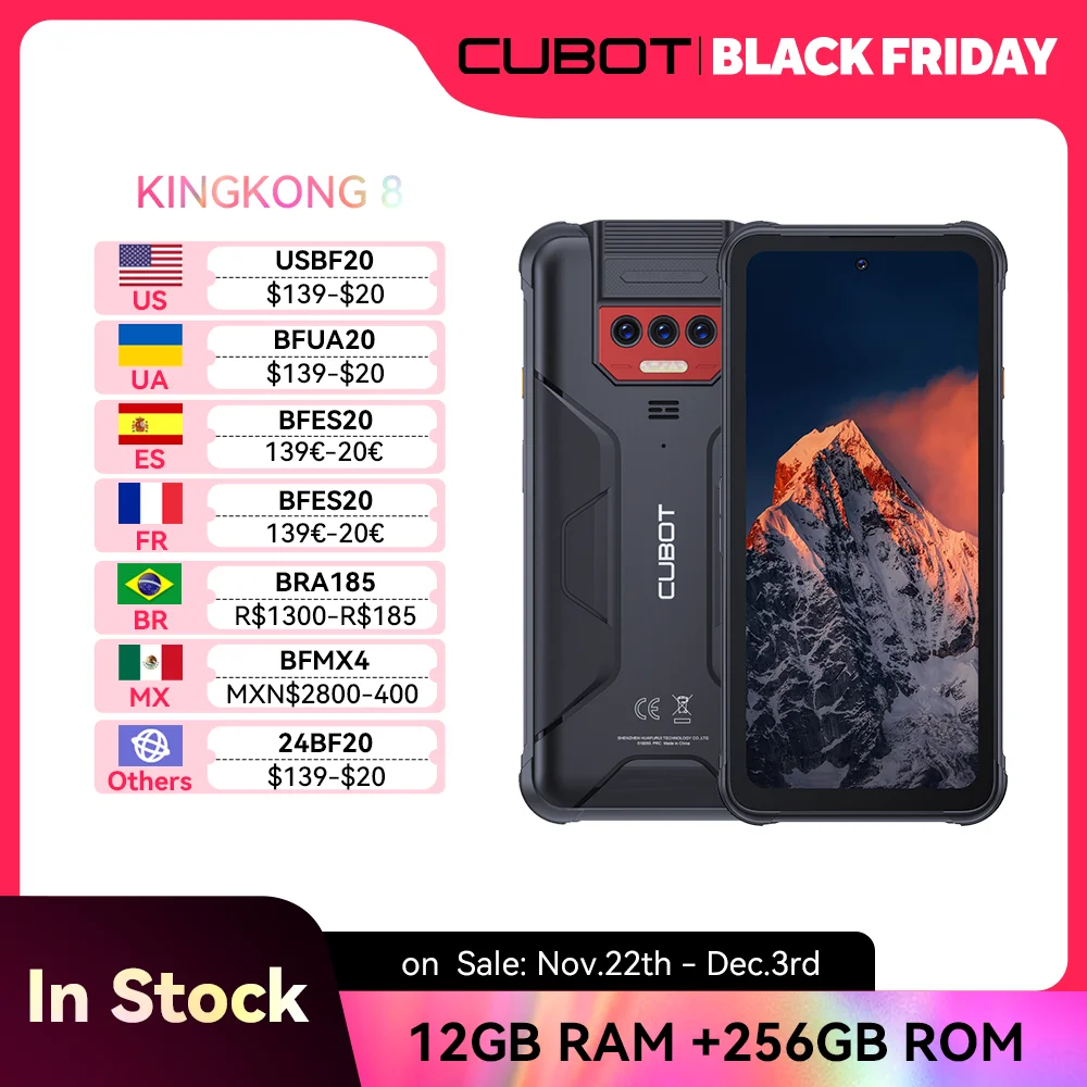 Smartphone robusto à prova d'água IP68 Android 13, Cubot KingKong 8, Octa-core, 12 GB de RAM (6 + 6 GB), 256 GB de ROM, 10600 mAh, câmera 48 MP, NFC