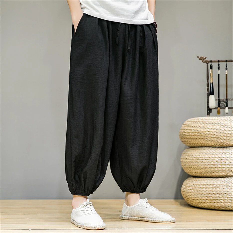 Large Size Harem Pants Mens Summer Ice Silk Casual Trousers Men Harajuku Vintage Baggy Elastic Waist Ankle Length Pants Male