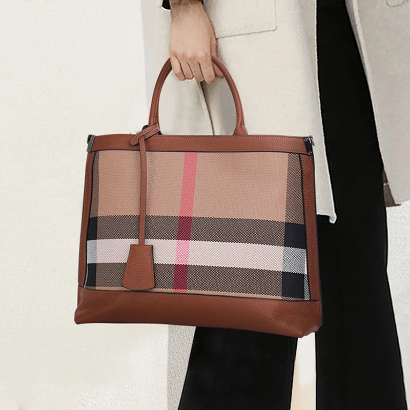 Retro Large Capacity Casual Tote Luxury Plaid Pattern Stripe Canvas With Leather Female Handbags Daily Ladies Briefcase