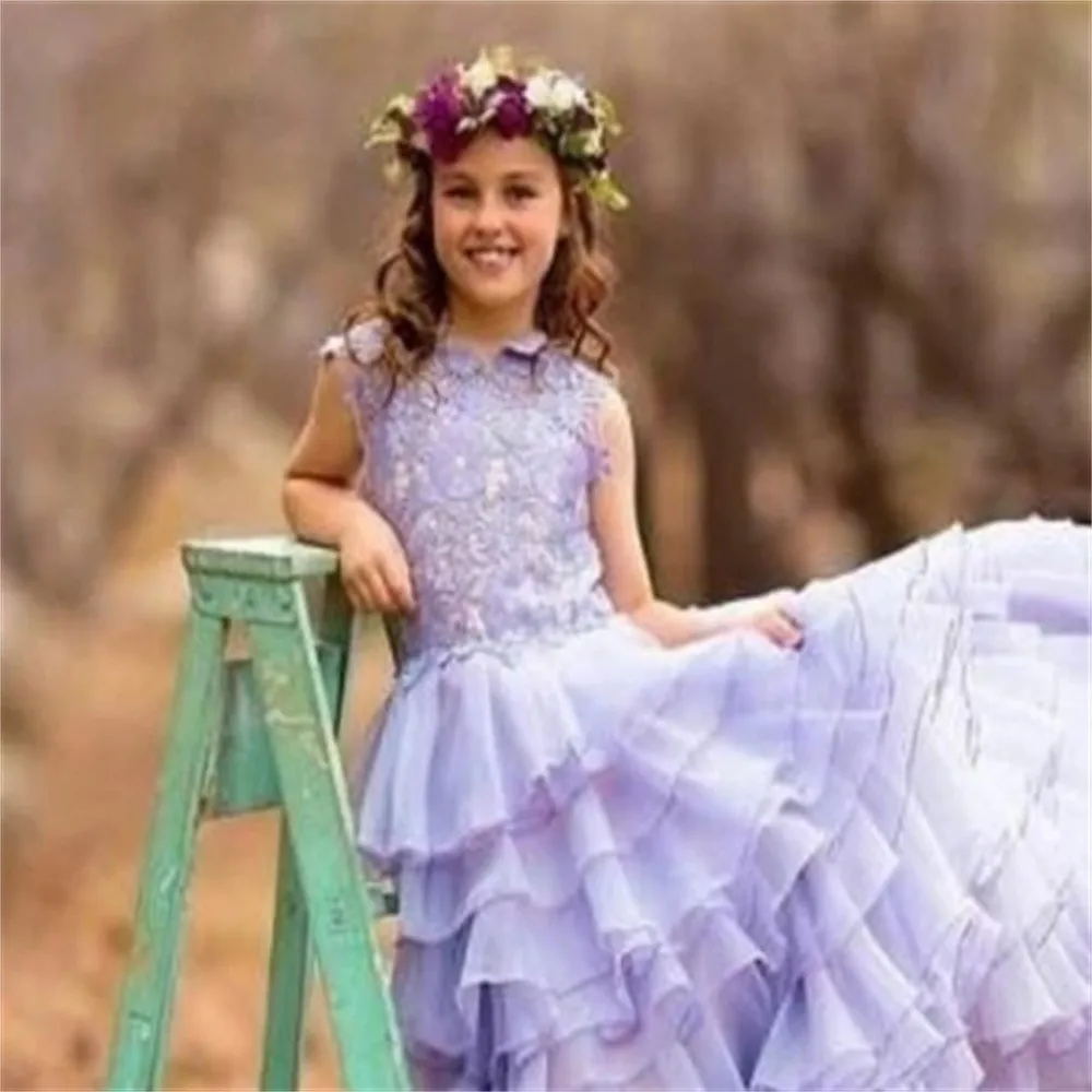 Tulle Lace Printing Sleeveless Layered Princess Flower Girl Dresses Wedding Party Ball First Communion Dresses Birthday Present