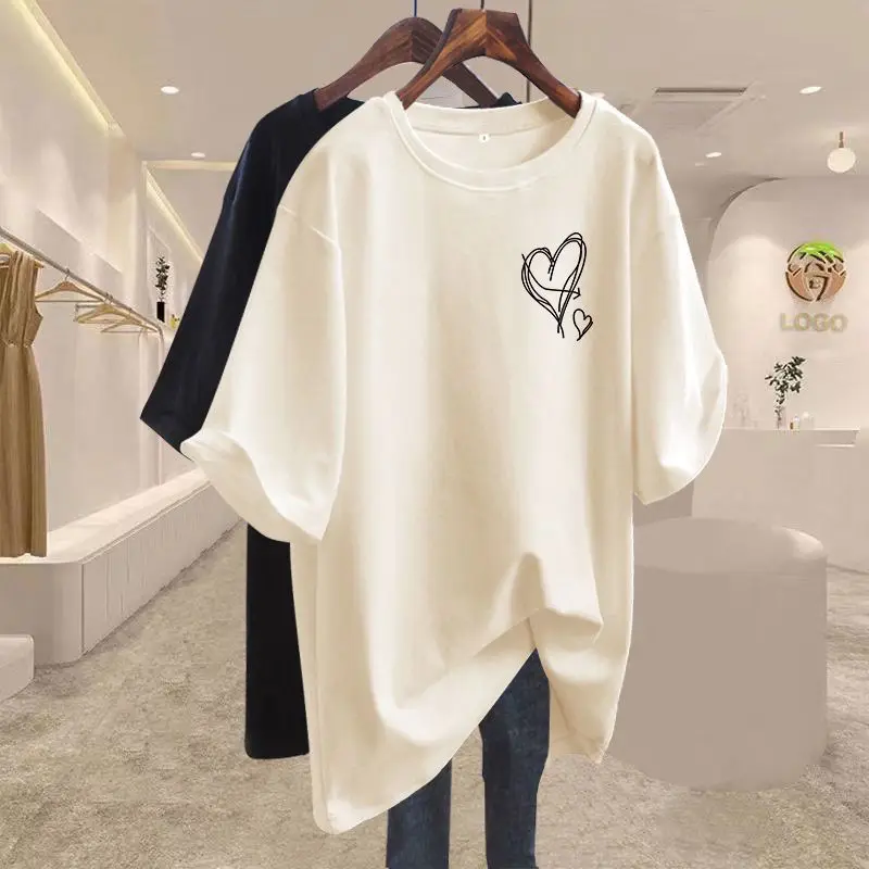 Sommer 2025, neue Elegante Liebe Druck T-shirts Frauen Kleidung Beiläufige Lose Baumwolle Pullover Büro Dame Grundlegende Kurzarm Top Tees