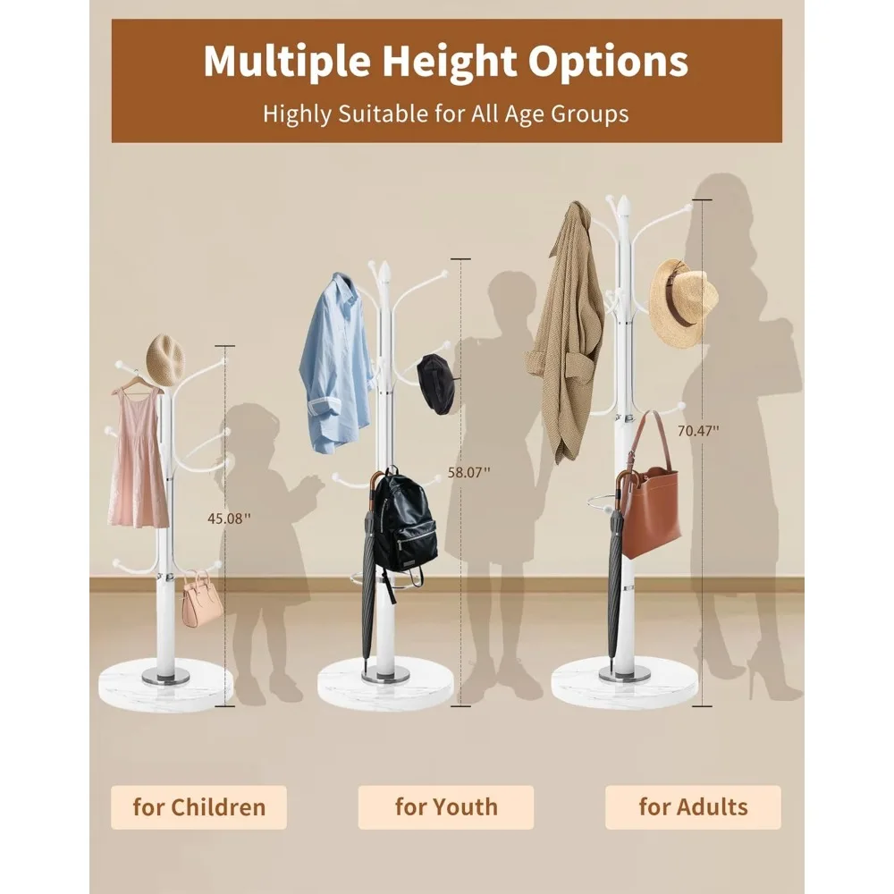 رف معطف بقاعدة من الرخام الأبيض الحديث مع 12 خطافًا وحامل مظلة