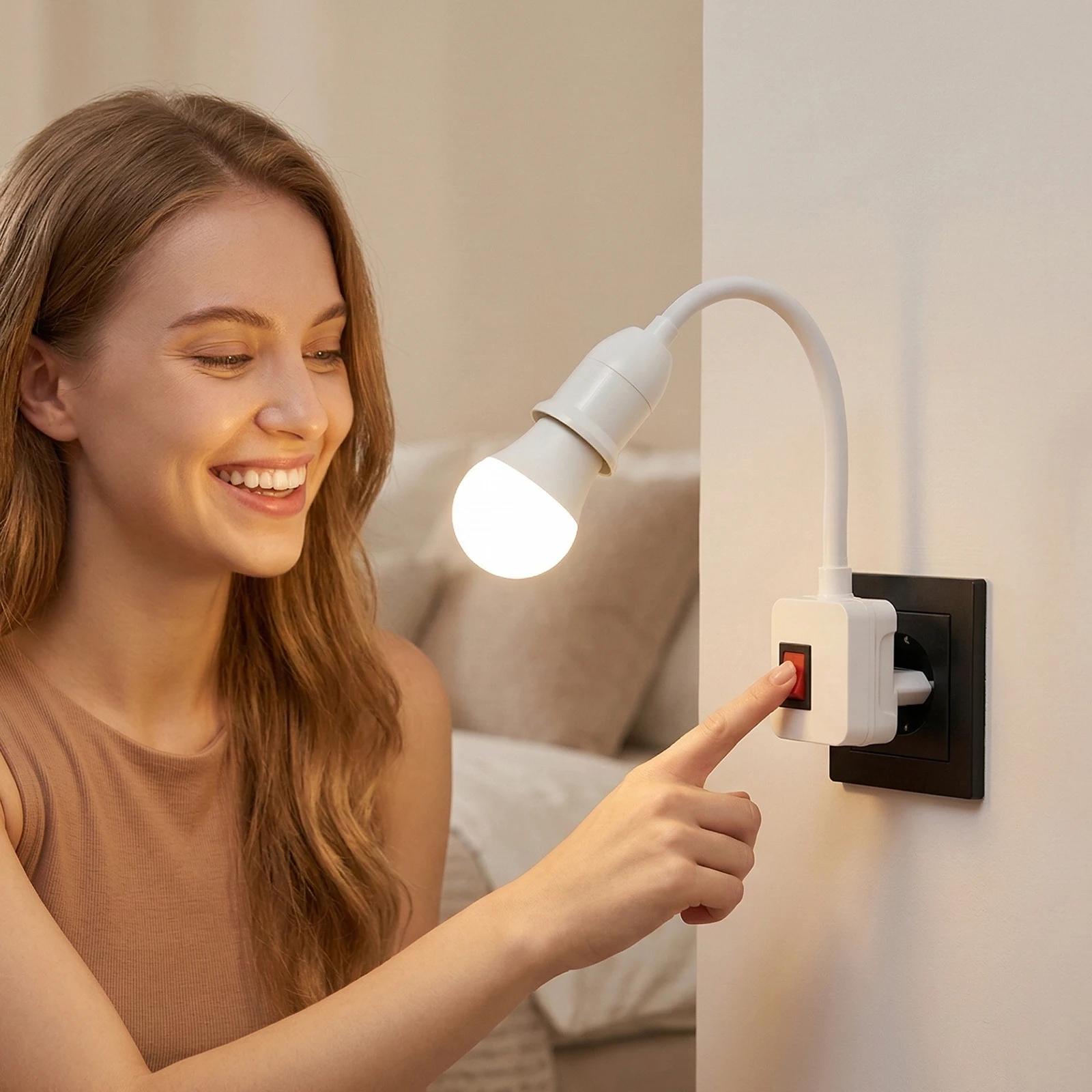 Plug in Light Socket Adapter E27 Light Bulb Extension Socket Adapter with Switch 360° Flexible for Home Office Garage Lighting