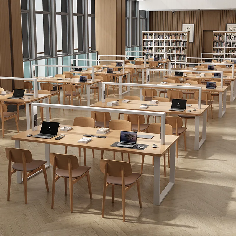 Library reading table, study room bookstore office desk and chair combination, solid wood with lamp