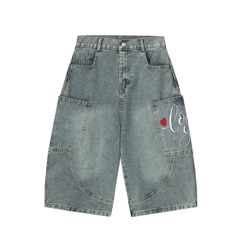 

American Vintage Mens Jeans Shorts Y2k Streetwear Washed Distress Embroidery Shorts Summer Casual Multiple Pockets Trousers Male
