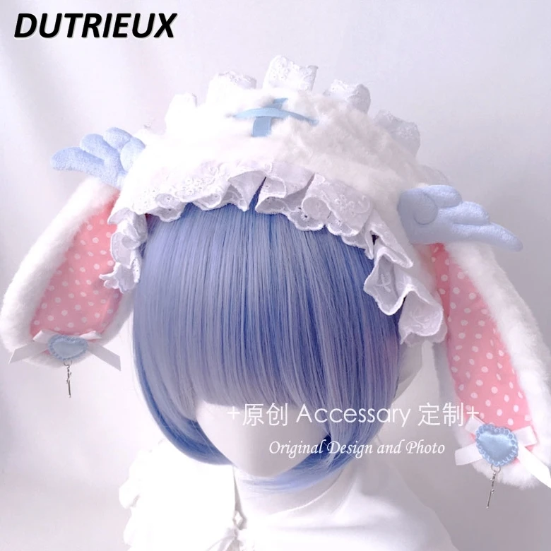 Japanese Subculture Cross Wings Plush Rabbit Ears Headband Headgear Y2k Sweet Girl Lolita Lace Pink and Blue Accessories