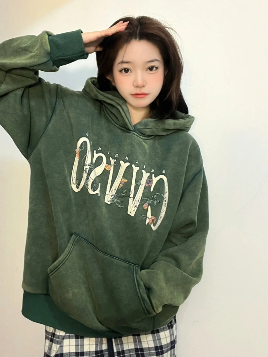 2025 Autumn New American High Street Retro Style Floral Print Loose Soft Oversize Suede Green Hoodie Cotton Black Sweatshirt