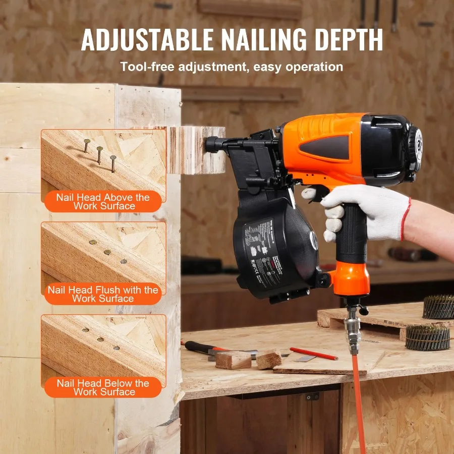 Pneumatic Siding Nail Gun 15 Degree 1-1/4 to 2-1/2 Coil Nailer with Tool-Less Depth Adjustment for Siding Pallet Sheathing Wood