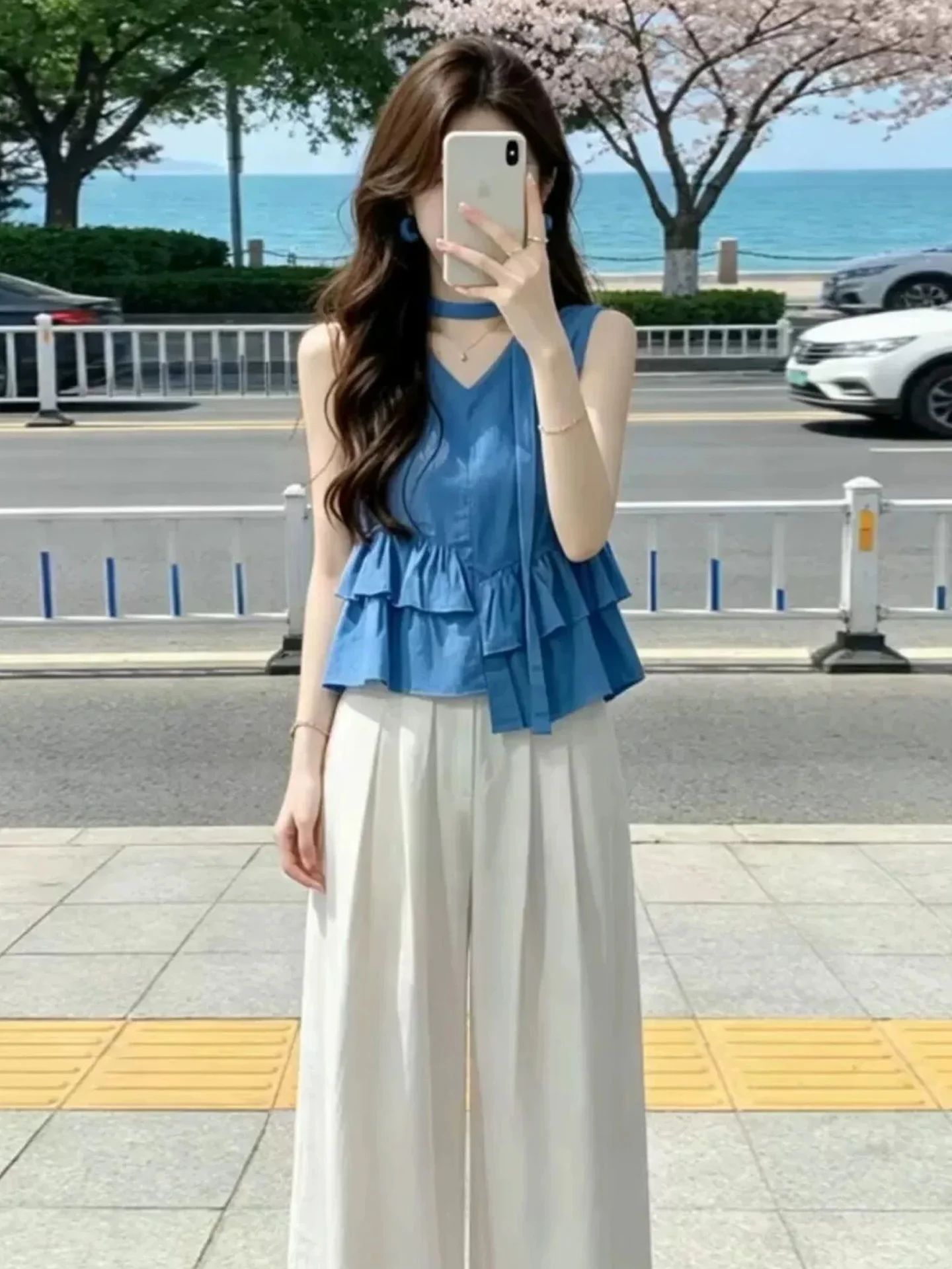 

Blue Sleeveless Vest Top And Wide Leg Pants Women's Two Piece Set Summer Fashionable Outfit Breathable Lightweight Casual Wear
