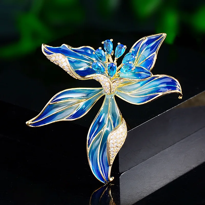 New Exquisite Enamel Orchid Brooches High-end Zircon Elegant Temperament Suit Coat Accessories Female Flowers Broche Pins Gift