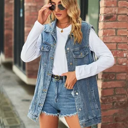 Denim Coat Vest Women Casual Loose Jeans Y2k Jackets Turn Down Collar Sleeveless Single Breasted Coats Elegant Cardigan Coat