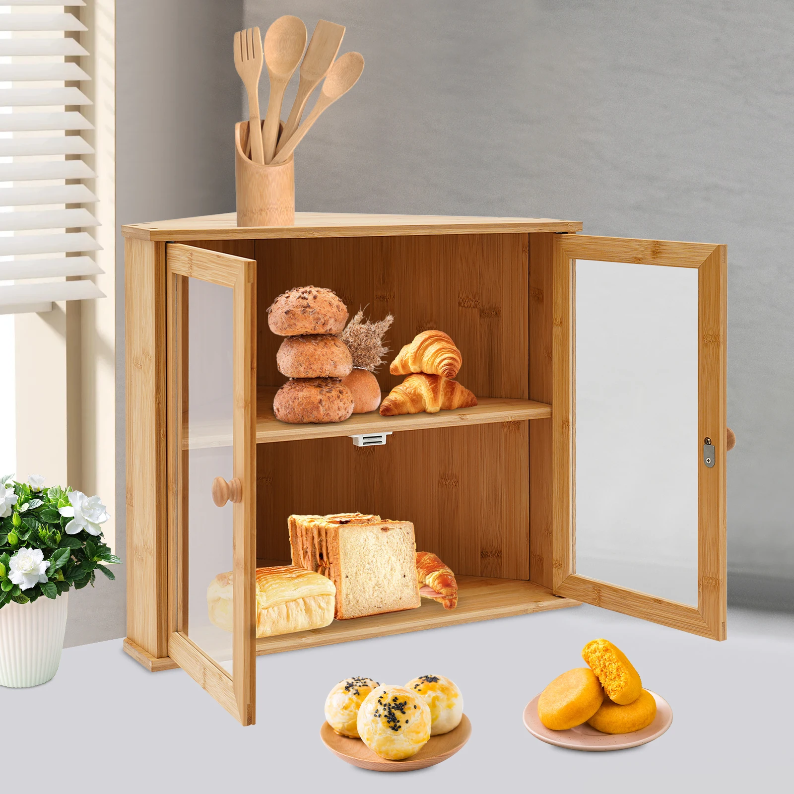 Bymaocar Bamboo 2-Tier Kitchen Storage Shelf - Modern Corner Bread Display Case W/ Clear Window for Cupcakes, Bread and Pastries