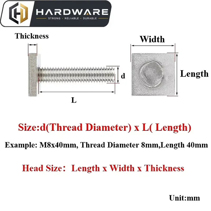 304 Stainless Steel Screw Chute Rail Track T-Shape Bolts M6 M8 M10 Rectangle Hammer Head Bolt Hardware Tools Supplies
