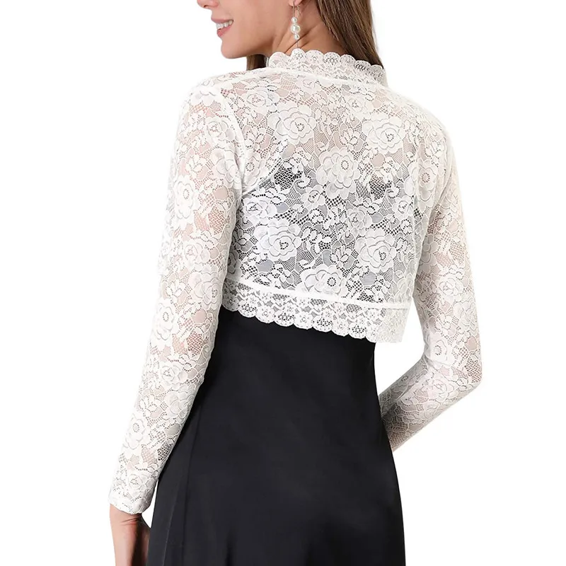 Women Floral Lace Cardigan Jacket Adults See-through Scalloped Long Sleeve Crop Tops Elegant Clothes Spring Fall 2022