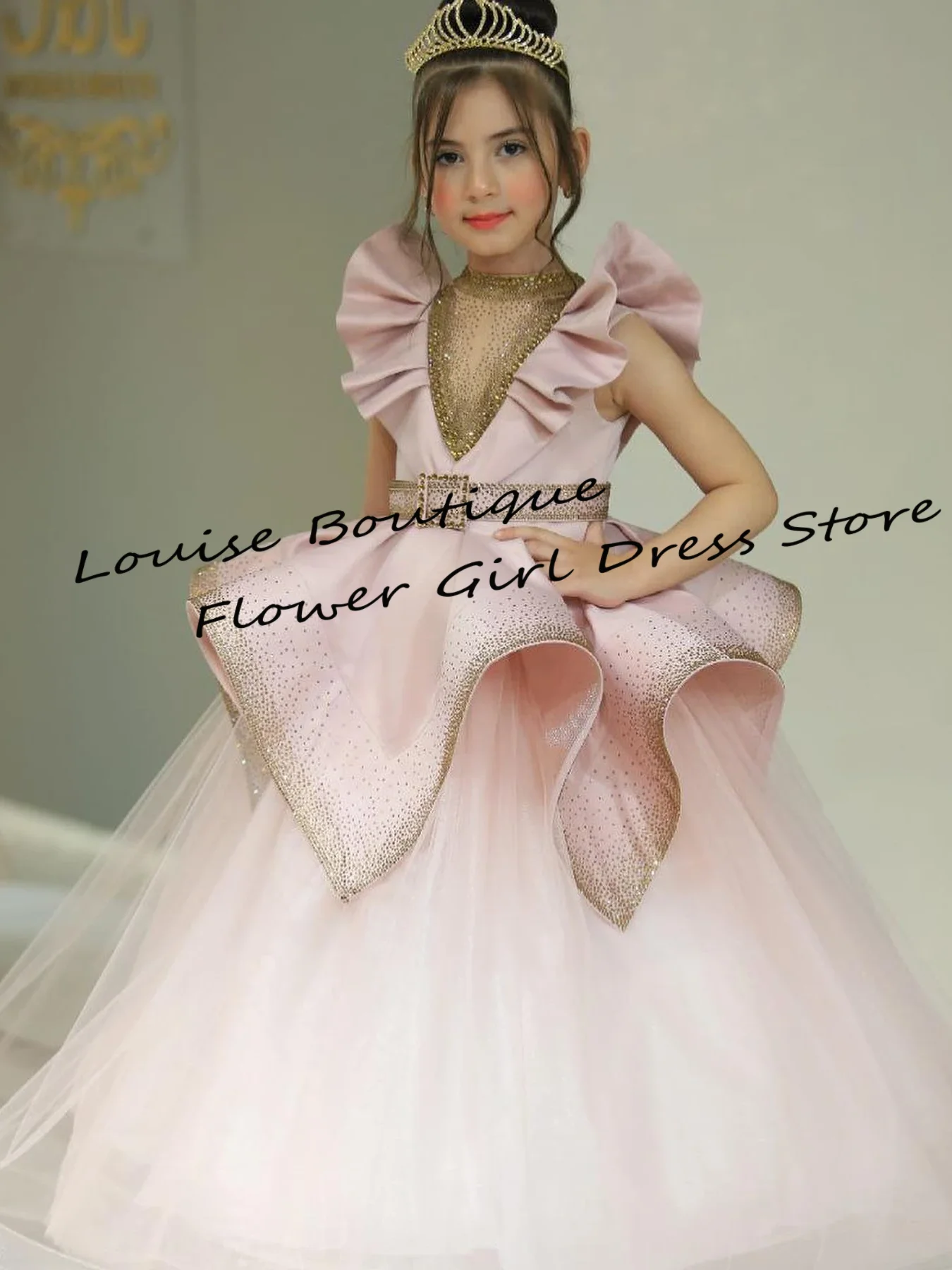 

Princess Sequins Flower Girl Dress Illusion Beading Sparking Beads Stones High-neck Fly-sleeve Ball Gown Maxi Skirt for Toddler