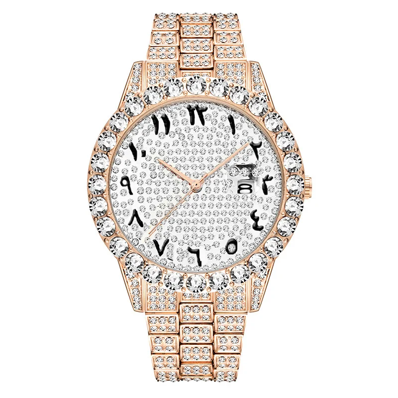 Offizielle Marke versand kostenfrei Herren diamant besetzte Edelstahl uhr Mode Hip Hop großes Zifferblatt Quarzuhr