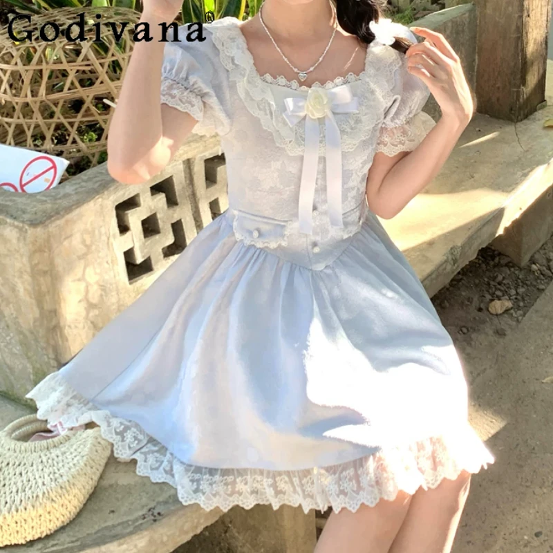 

Summer New JK College Lace Short Sleeve Girl Blue Dress High Waist A-line Age-reducing Square Collar Sweet Princess Dresses