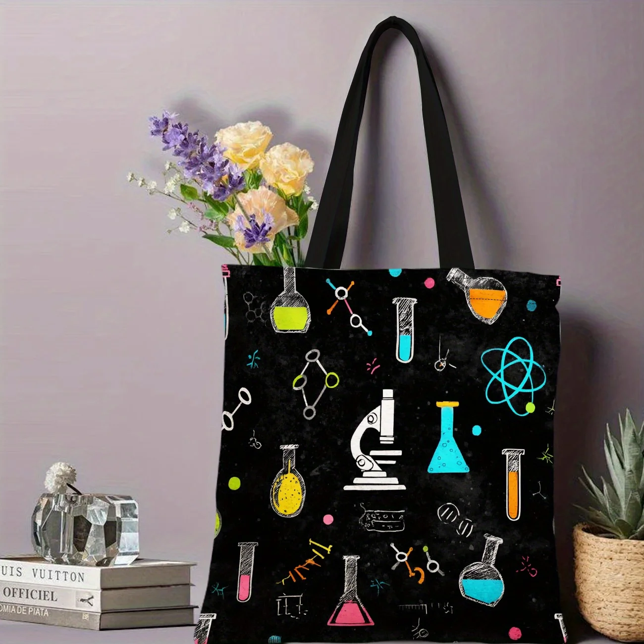 1pc Reversible Science Themed Tote Bag Durable Polyester Multi Functional Shoulder Bag Colorful Scientific Illustrations