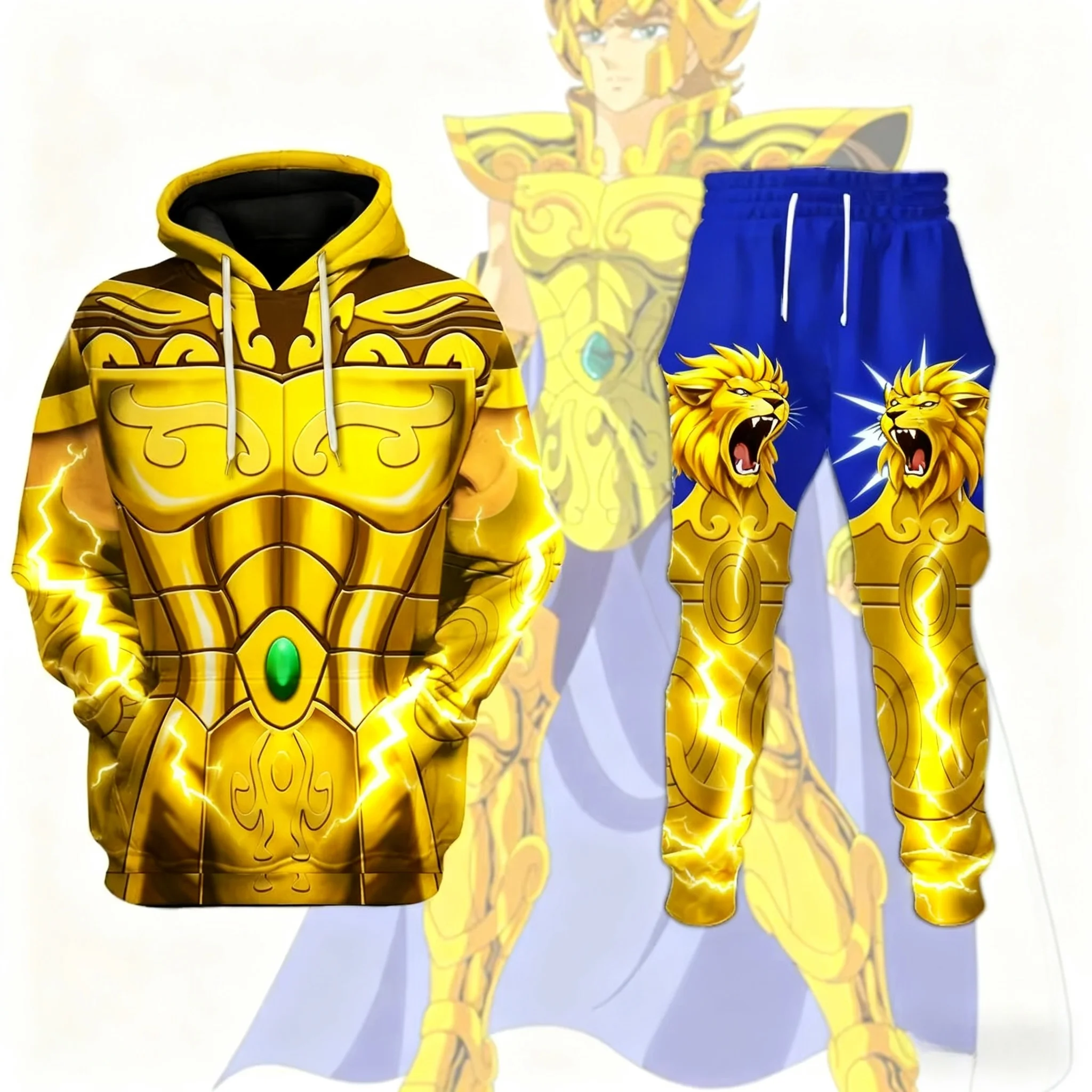 Cosplay anime saint seiya impressão hoodies calças conjuntos 3d rua harajuku conjuntos de treino esportes masculinos ternos de corrida de duas peças