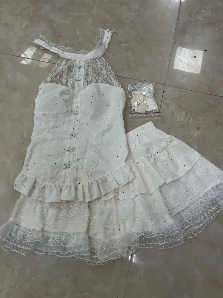 

Japanese Sweet Kawaii Y2k 2 Piece Sets Women Design Dot Print Sleeveless Halter Tops + Lace Mini Skirts Vintage Fashion Outfits