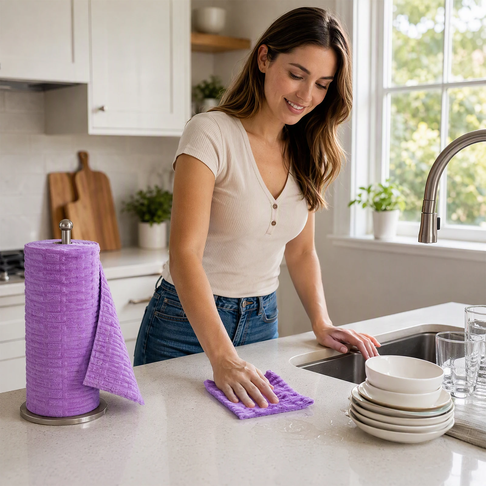 1 Roll 20pcs Bamboo Loop Microfiber Roll Towel Kitchen Reusable Perforated Absorbent Oil-Removing Quick-Dry Washable Cloth
