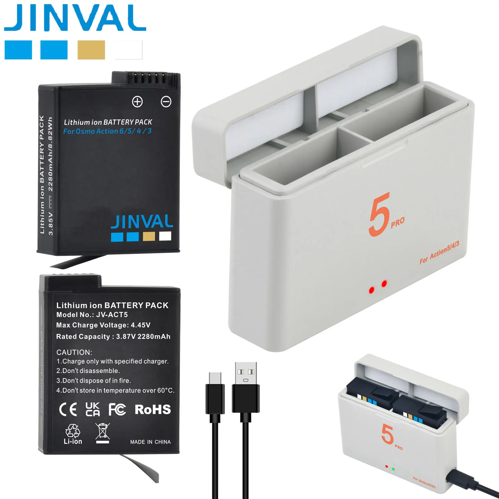 

JINVAL Osmo Action 5 2280mAh Replacement Battery + PD20W Fast Dual Charging Case For DJI Osmo Action 6 5 4 3 Camera Accessories